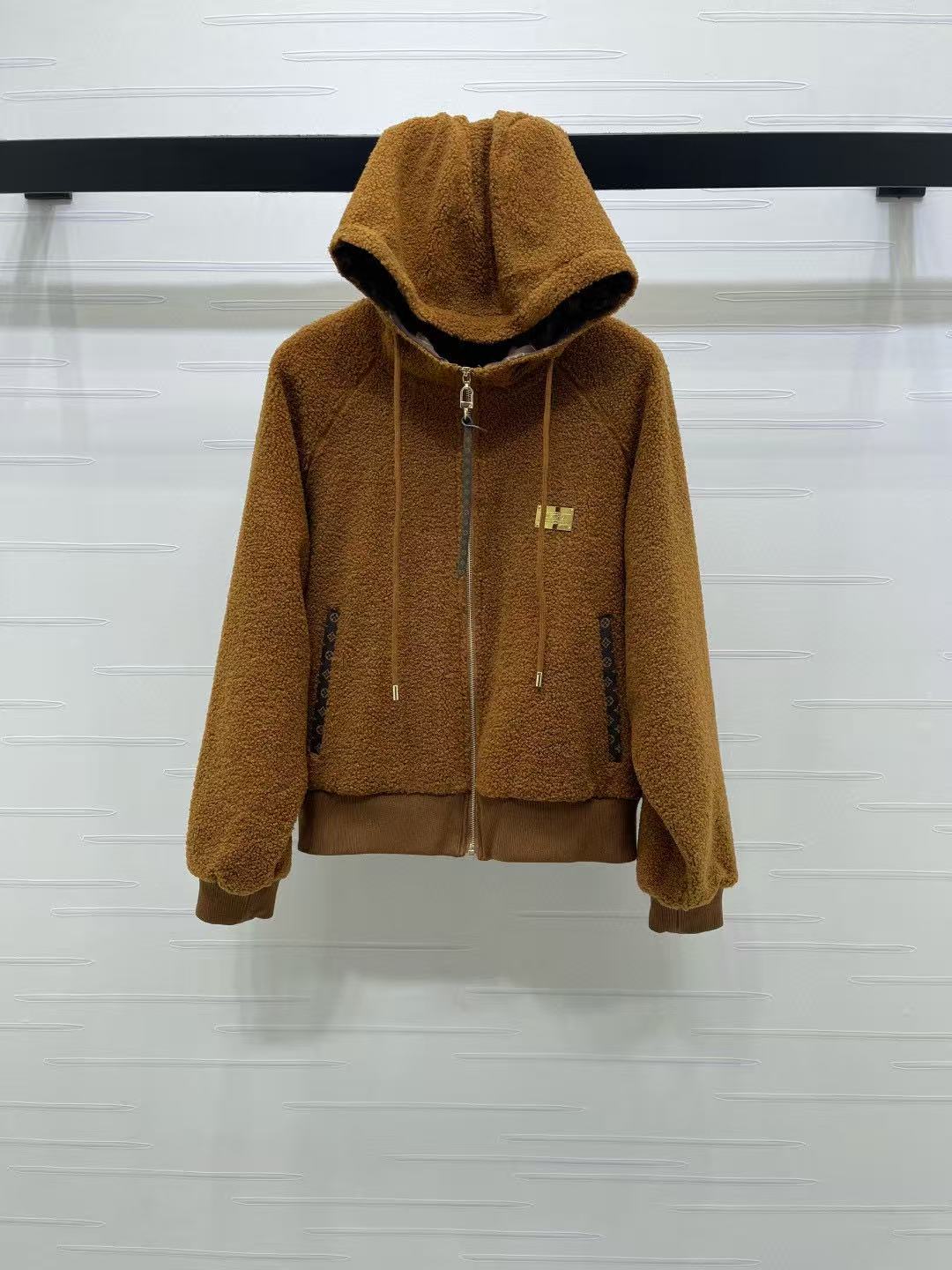 LV フード付きドローストリングシアリングジッパージャケット【50％割引+送料無料】