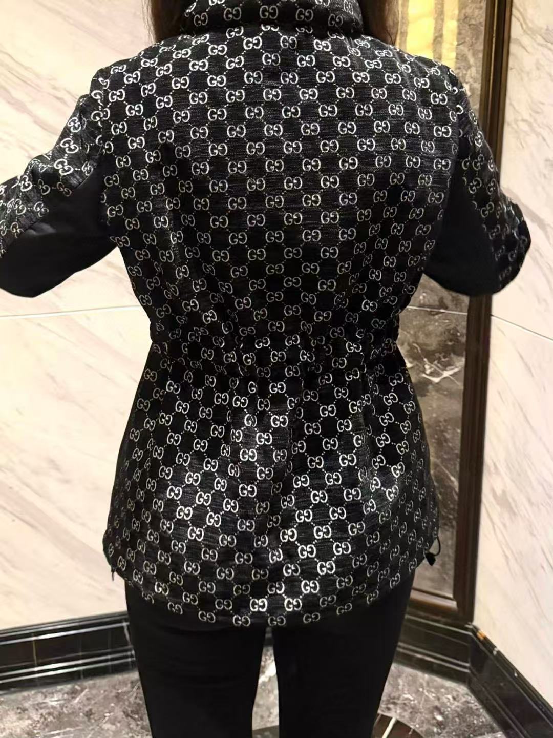 GUCC1 ジャカード スタンドカラー ベルト付きジャケット + パンツ ツーピースセット【50％割引+送料無料】