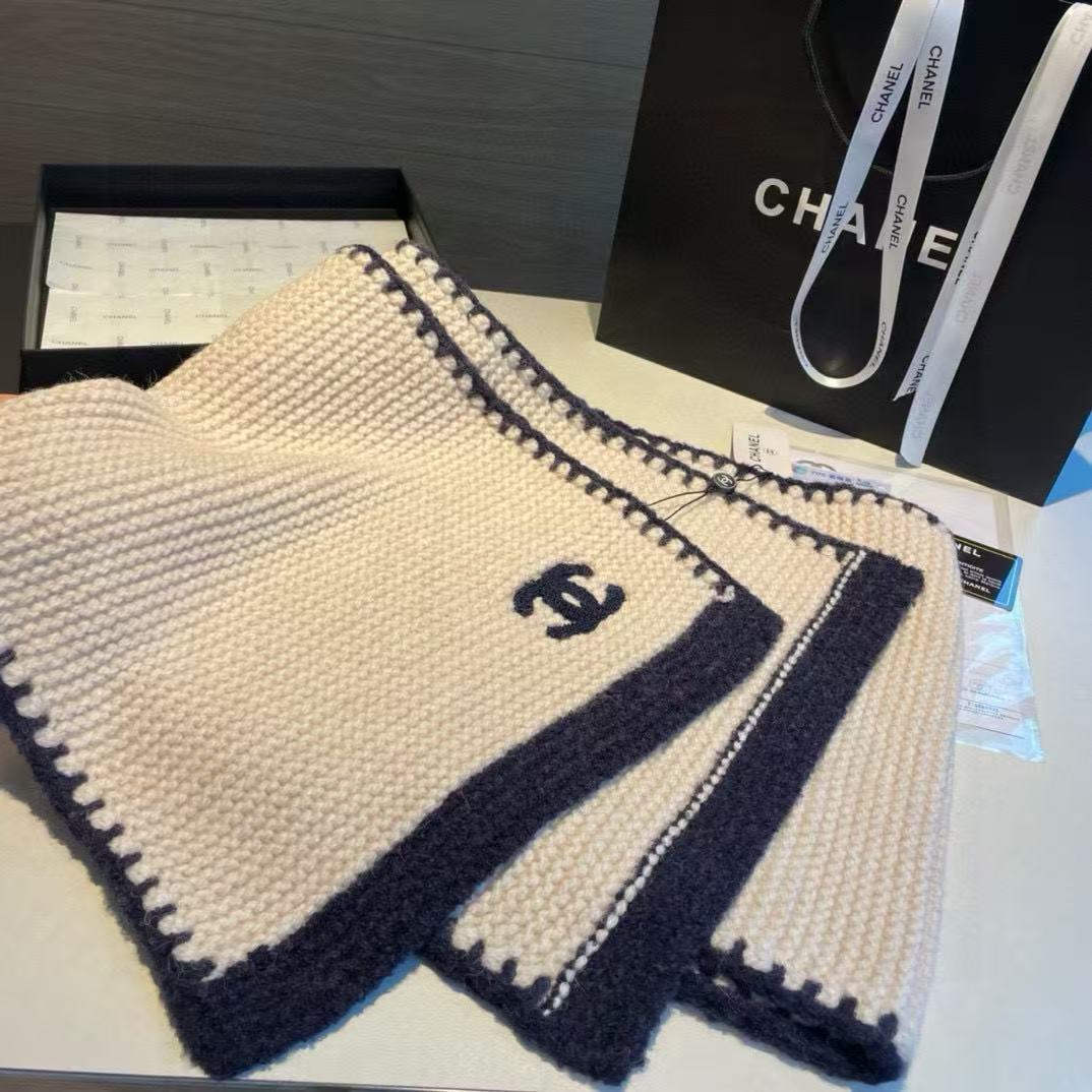 CHANE1 ダブルC カラーブロック カシミアスカーフ【50％割引+送料無料】