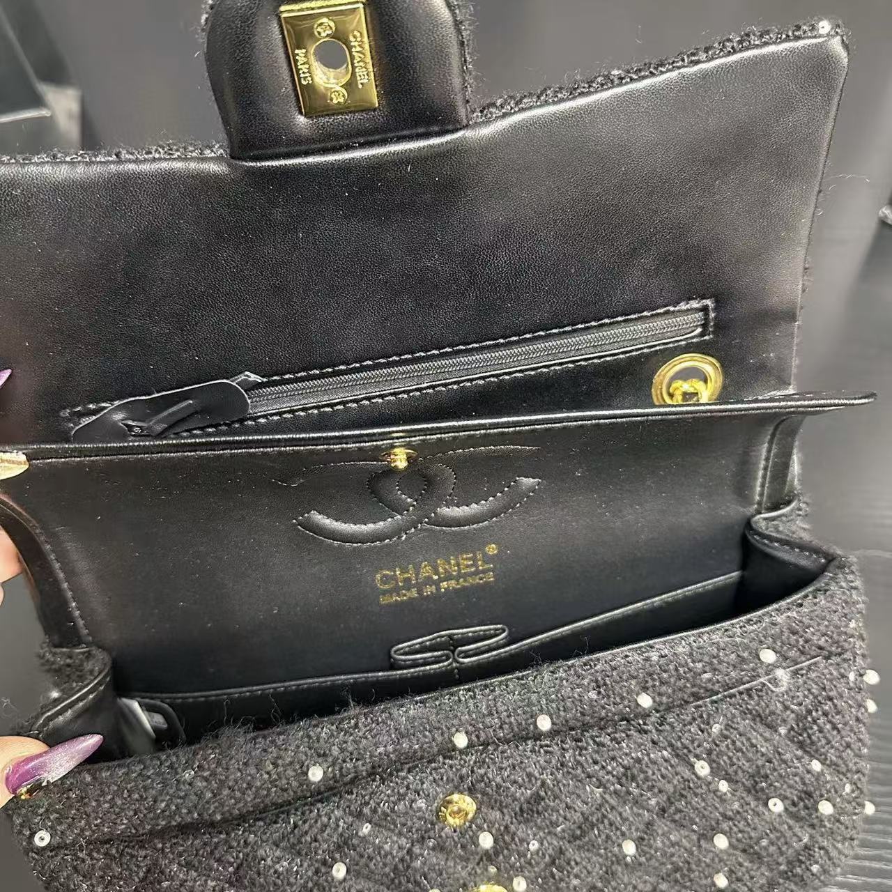 CHANE1CF クラシックウールパールチェーンバッグ【50％割引+送料無料】