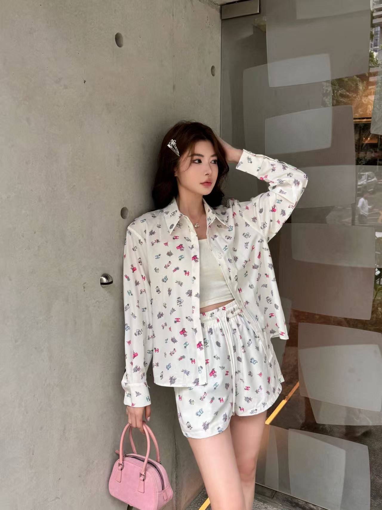 CHANE1 プリントシャツ＋ショートパンツ ツーピースセット【50％割引+送料無料】