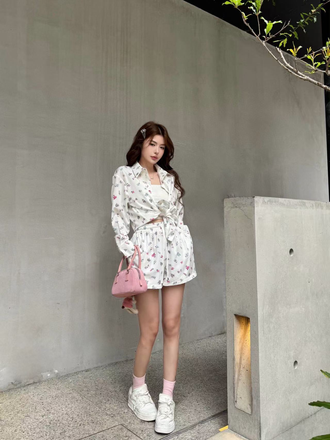 CHANE1 プリントシャツ＋ショートパンツ ツーピースセット【50％割引+送料無料】