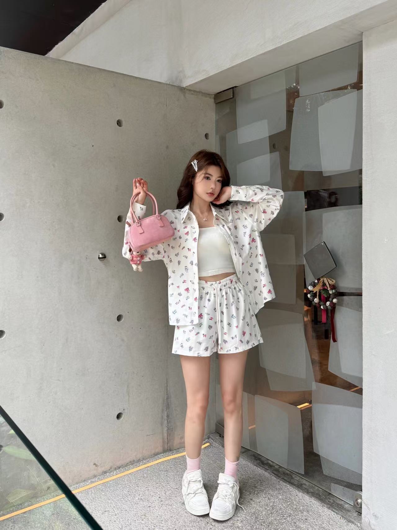 CHANE1 プリントシャツ＋ショートパンツ ツーピースセット【50％割引+送料無料】