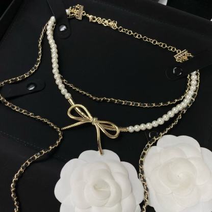 CHANE1 ダブルC ボウ 3層パールネックレス【50％割引+送料無料】