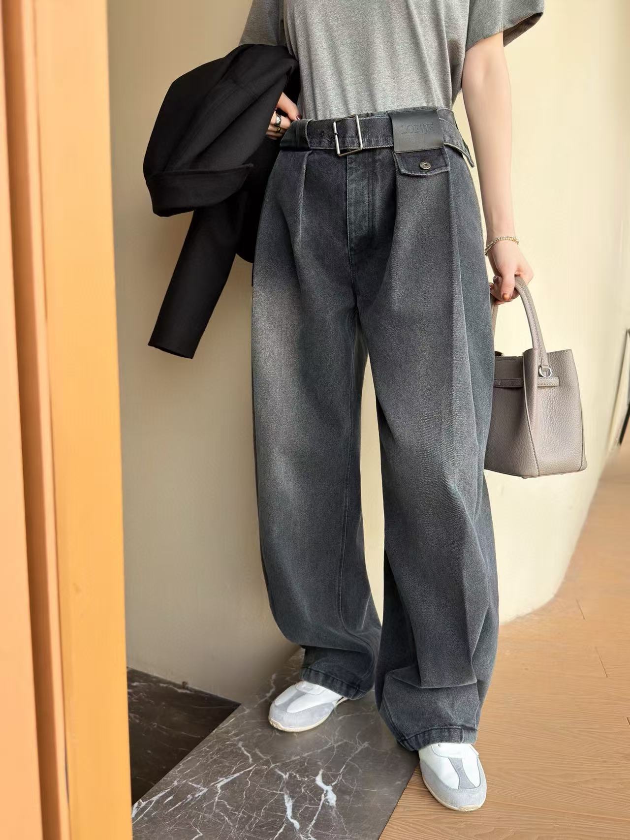 L0WEW シンプルベルトジーンズ【50％割引+送料無料】