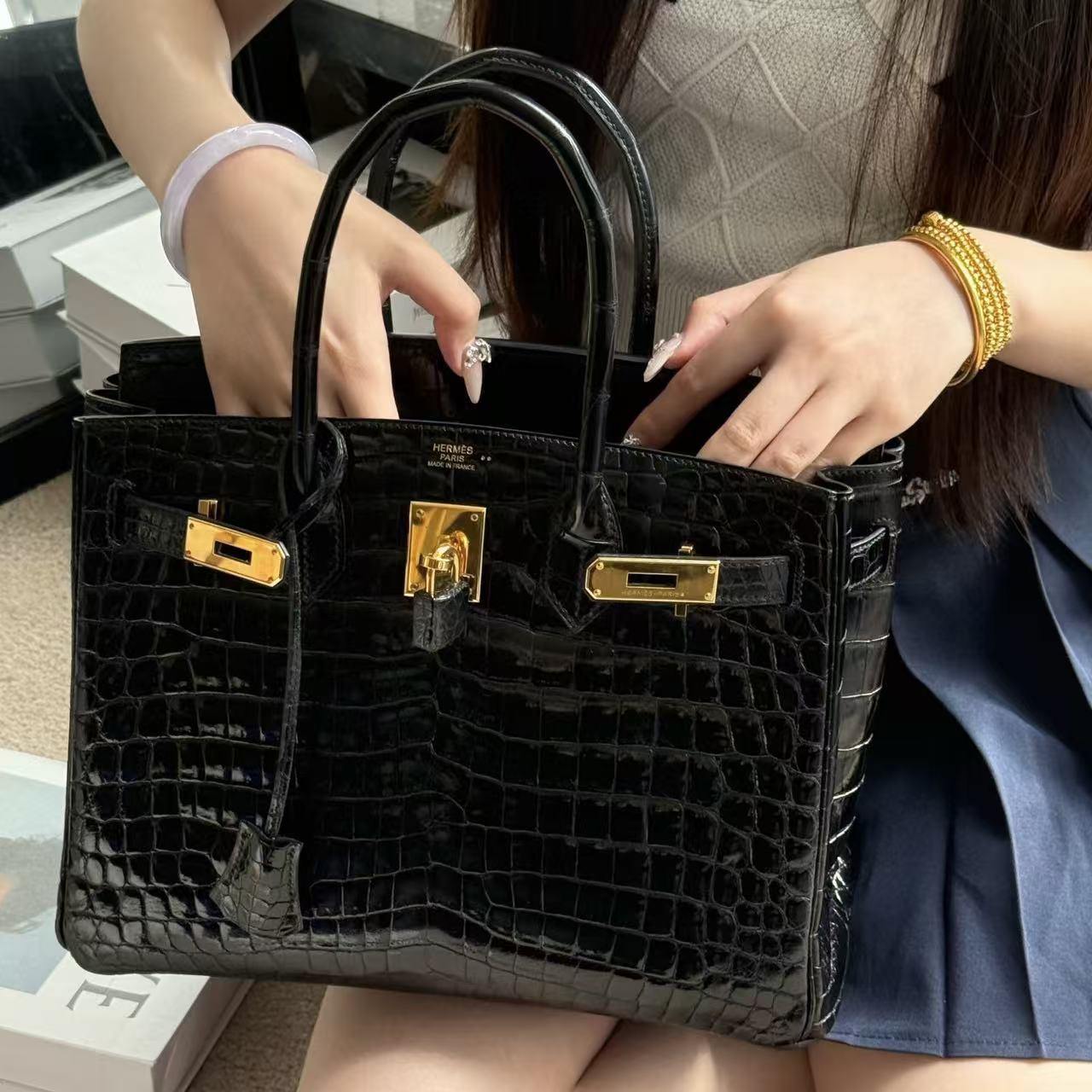 HERME5 クロコダイル型押し牛革ハンドバッグ【50％割引+送料無料】