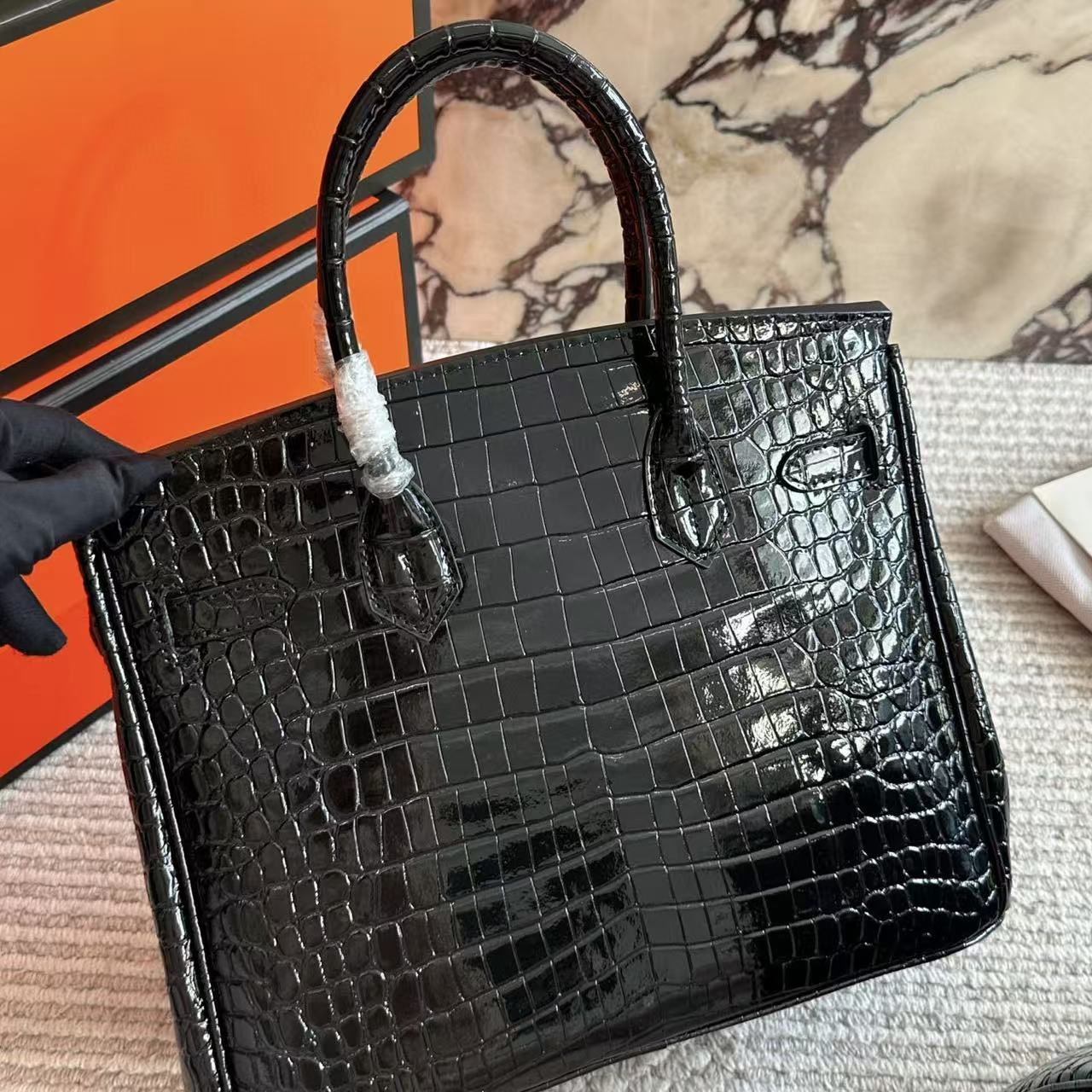 HERME5 クロコダイル型押し牛革ハンドバッグ【50％割引+送料無料】