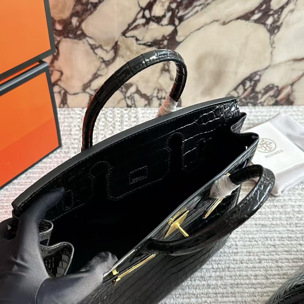 HERME5 クロコダイル型押し牛革ハンドバッグ【50％割引+送料無料】