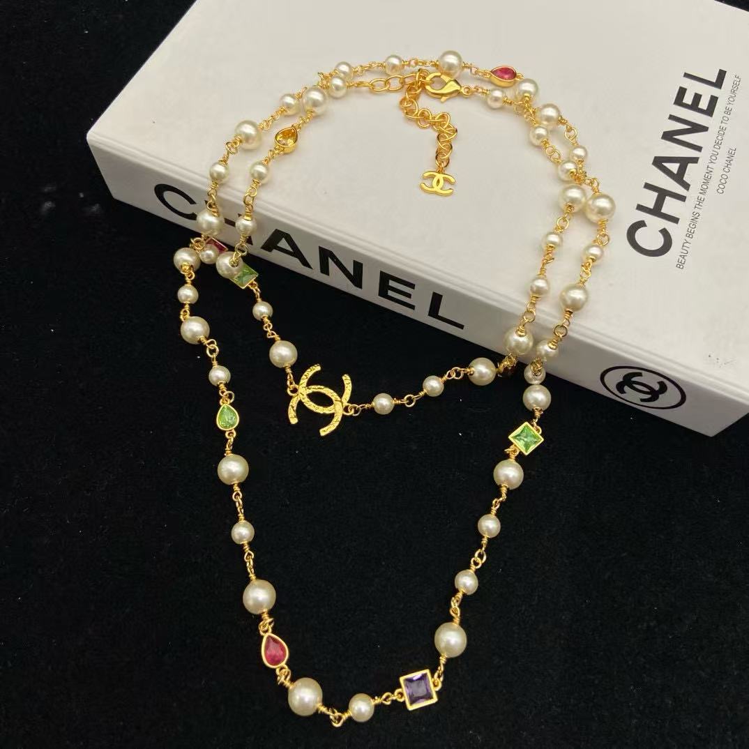 CHANE1 カラーダイヤモンド ダブルC パール セーターネックレス【50％割引+送料無料】