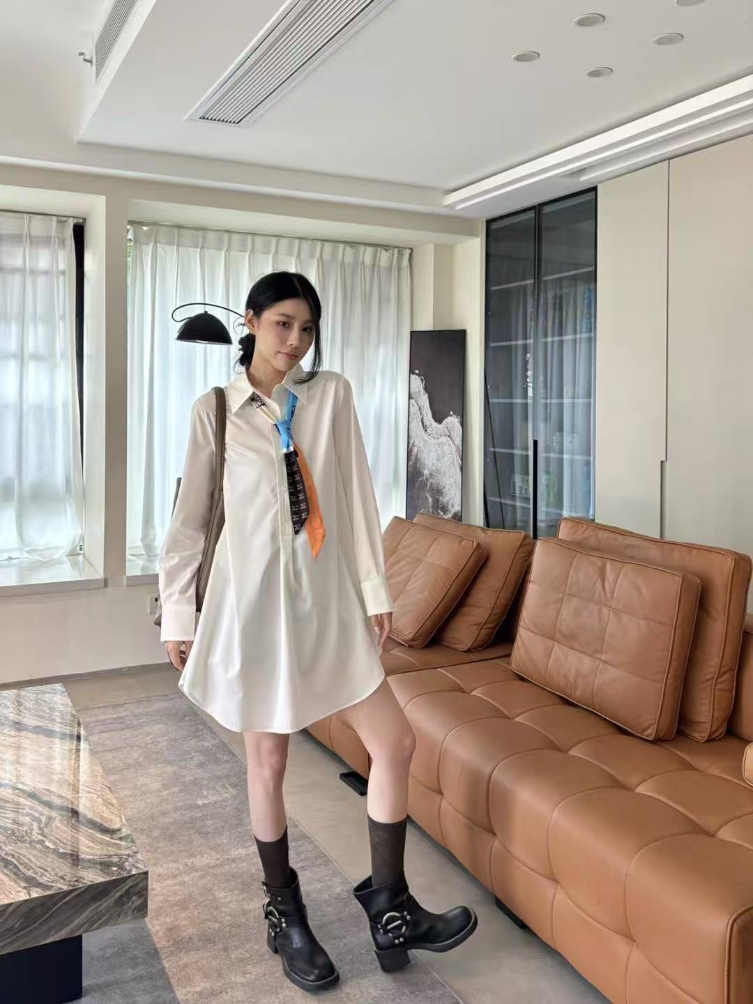 CL1NE スカーフ付き高品質ドレス【50％割引+送料無料】