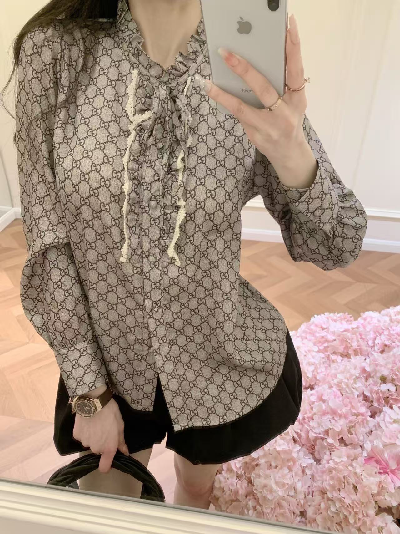 GUCC1 ジャカード ラッフル ブラウス【50％割引+送料無料】