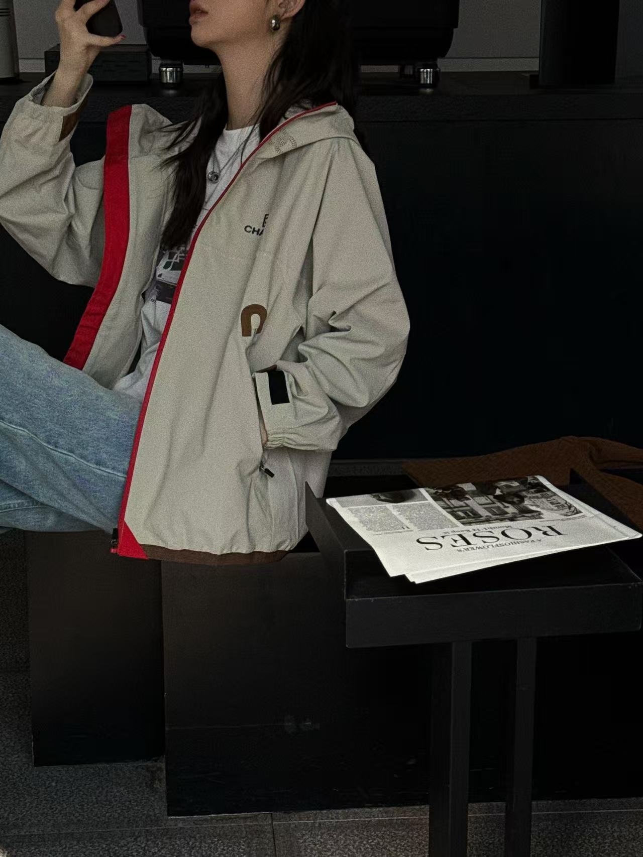 CHANE1 フード付きカラーブロックジップアップトレンチコート【50％割引+送料無料】