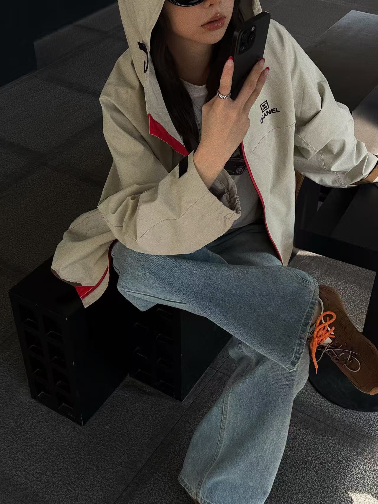 CHANE1 フード付きカラーブロックジップアップトレンチコート【50％割引+送料無料】