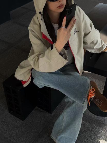 CHANE1 フード付きカラーブロックジップアップトレンチコート【50％割引+送料無料】