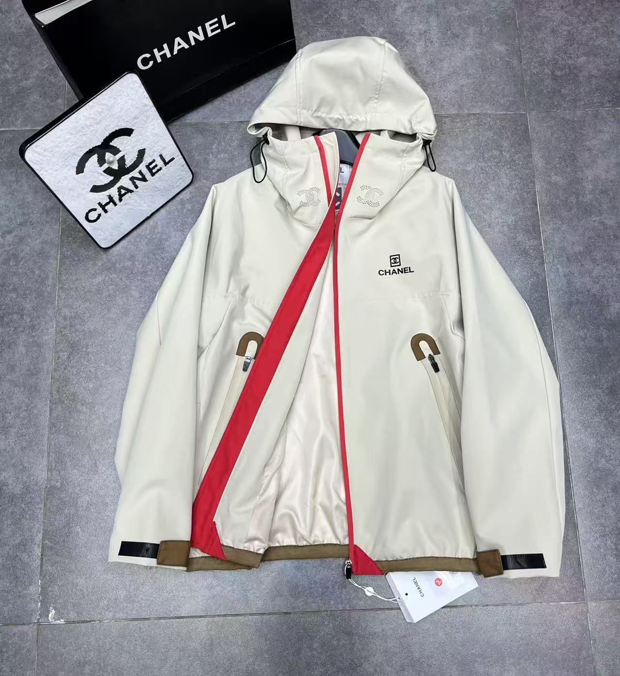 CHANE1 フード付きカラーブロックジップアップトレンチコート【50％割引+送料無料】