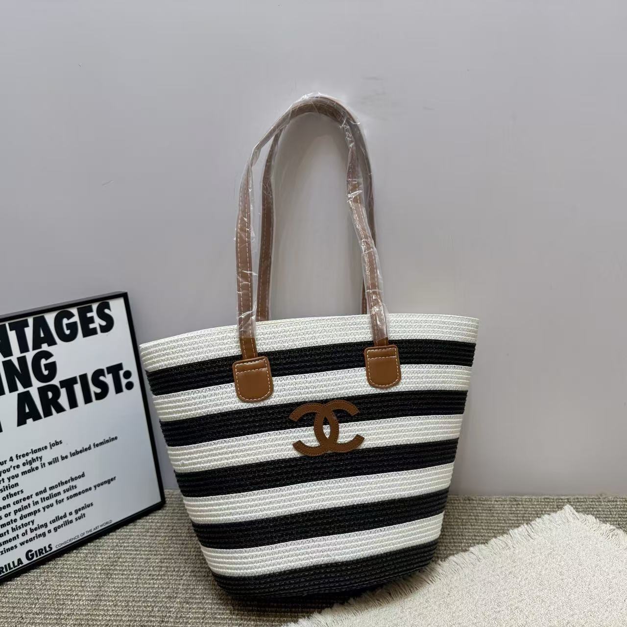 CHANE1 ダブルC カラーブロック ウーブンバッグ【50％割引+送料無料】