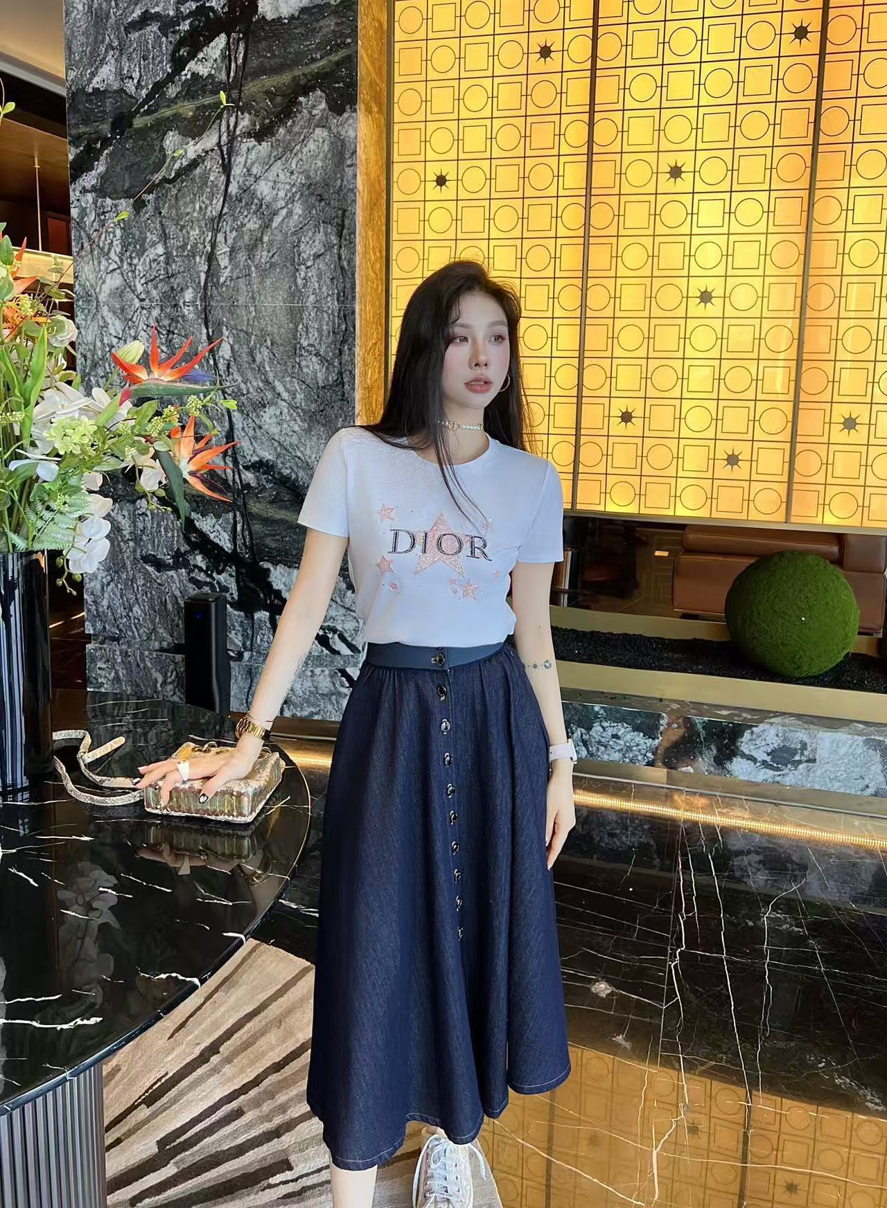 DIOR エンブロイダリーレターTシャツ + スカート ツーピースセット【50％割引+送料無料】