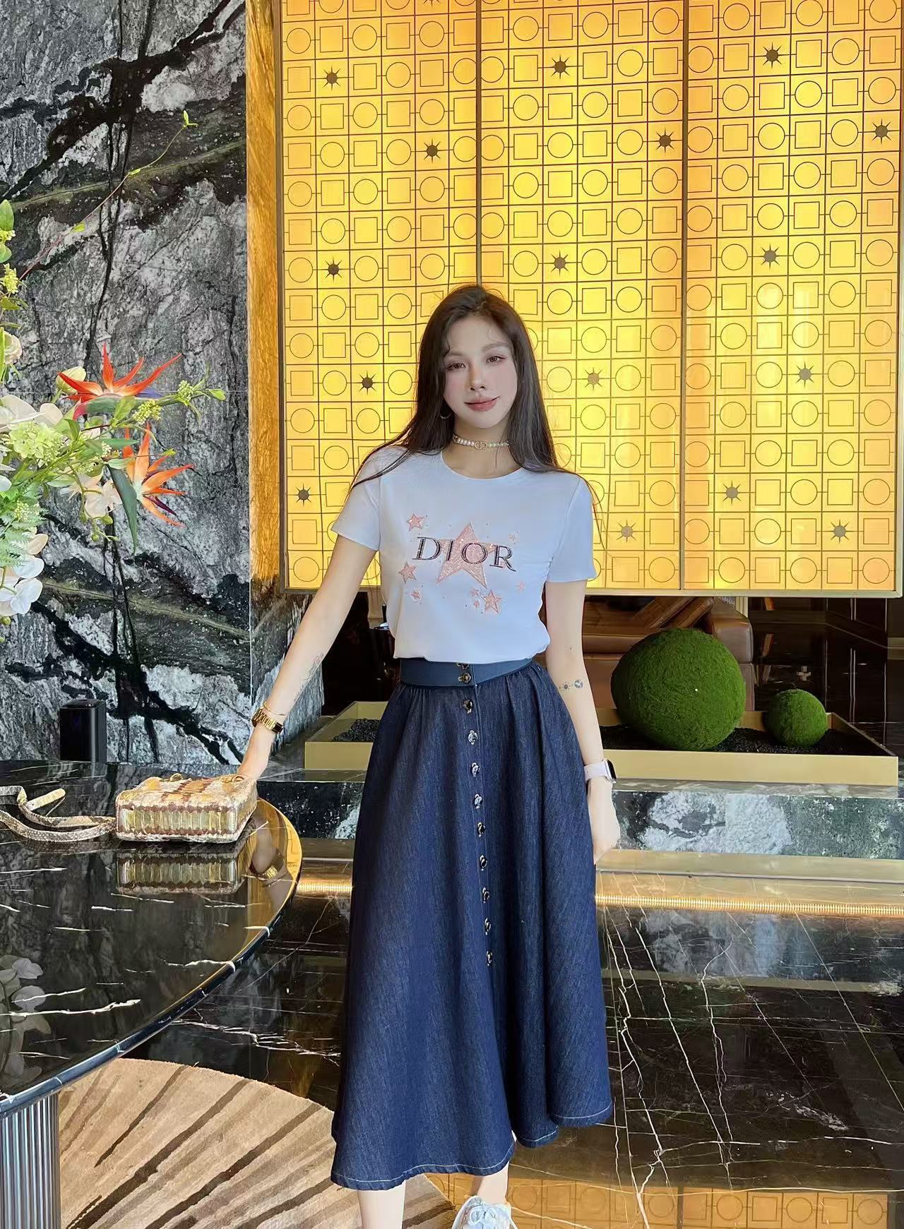 DIOR エンブロイダリーレターTシャツ + スカート ツーピースセット【50％割引+送料無料】