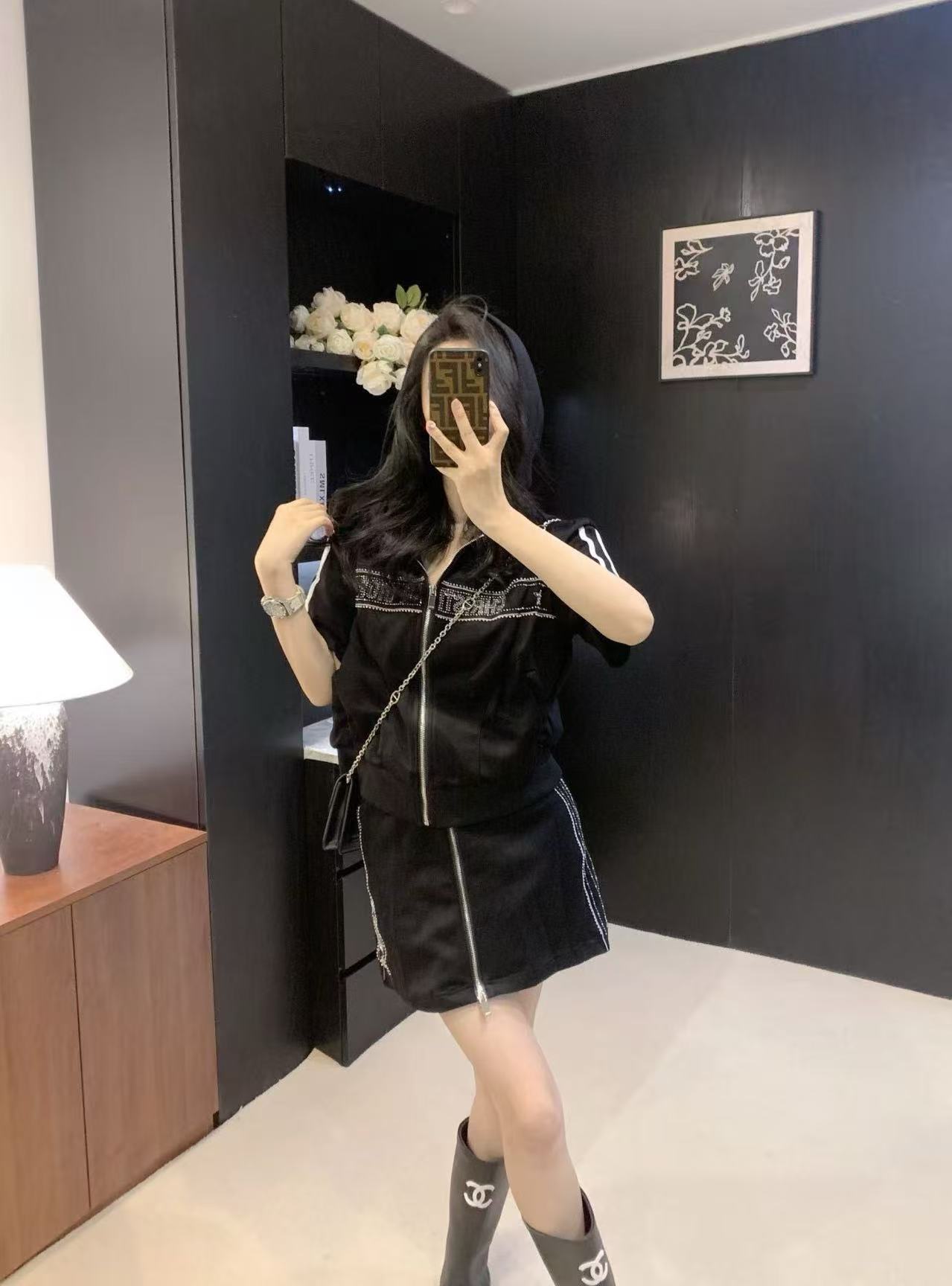 DIOR ラインストーン ジッパー ジャケット + スカート ツーピース セット【50％割引+送料無料】