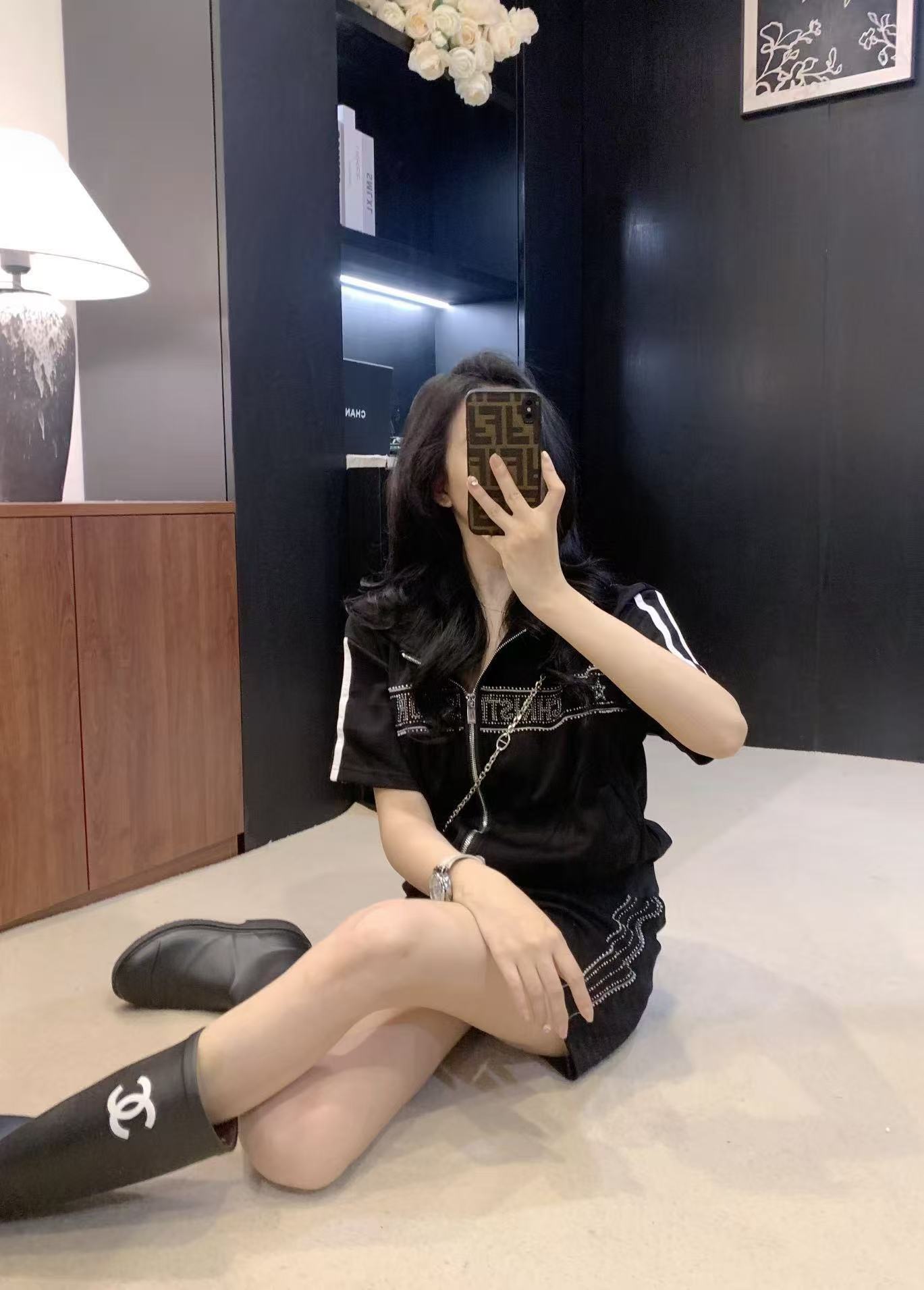 DIOR ラインストーン ジッパー ジャケット + スカート ツーピース セット【50％割引+送料無料】