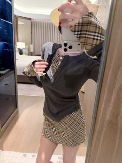 BUR8ERRY 刺繍チェック柄トップス＆スカート ツーピースセット【50％割引+送料無料】