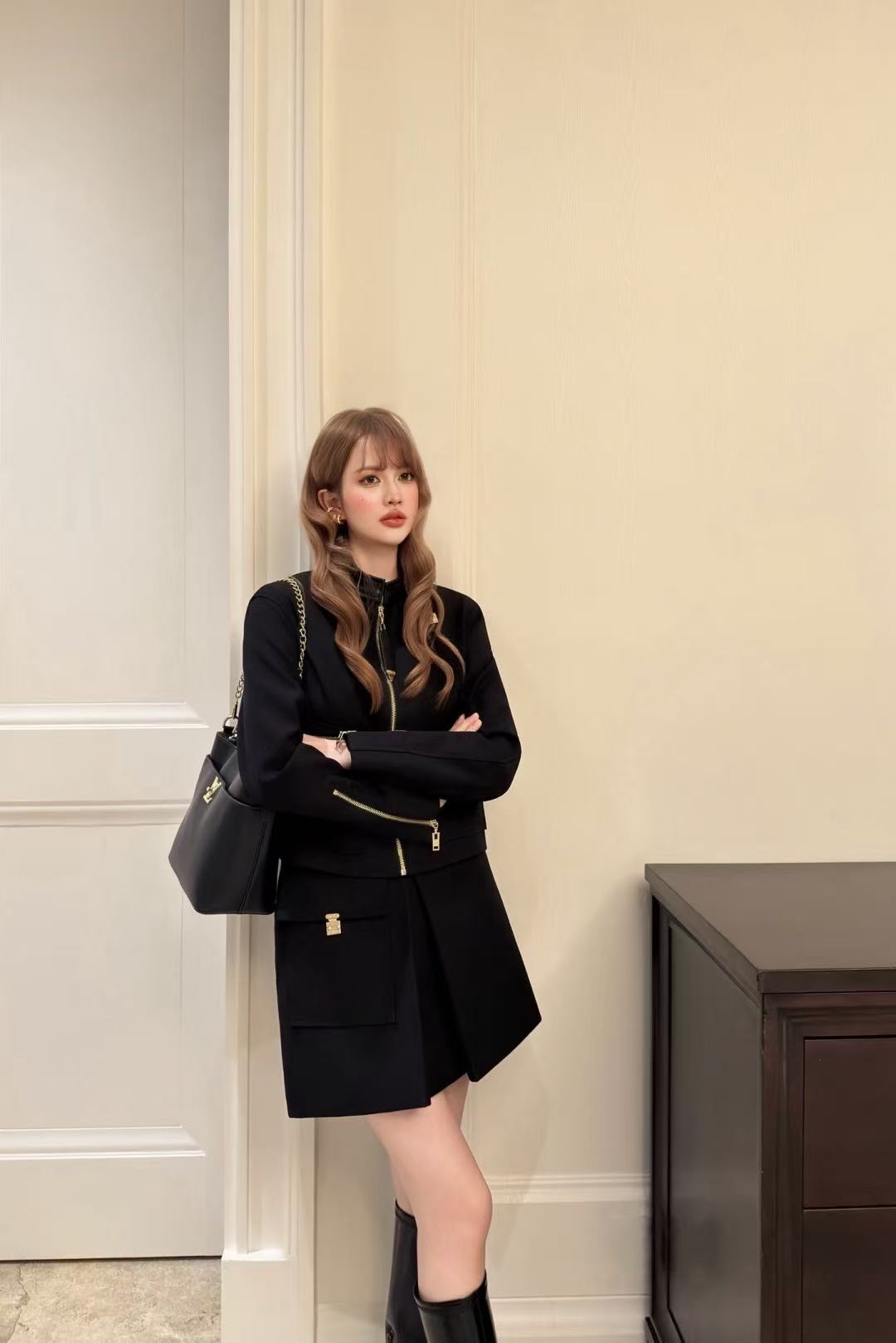 LVジッパージャケット＋スカートのツーピースセット【50％割引+送料無料】