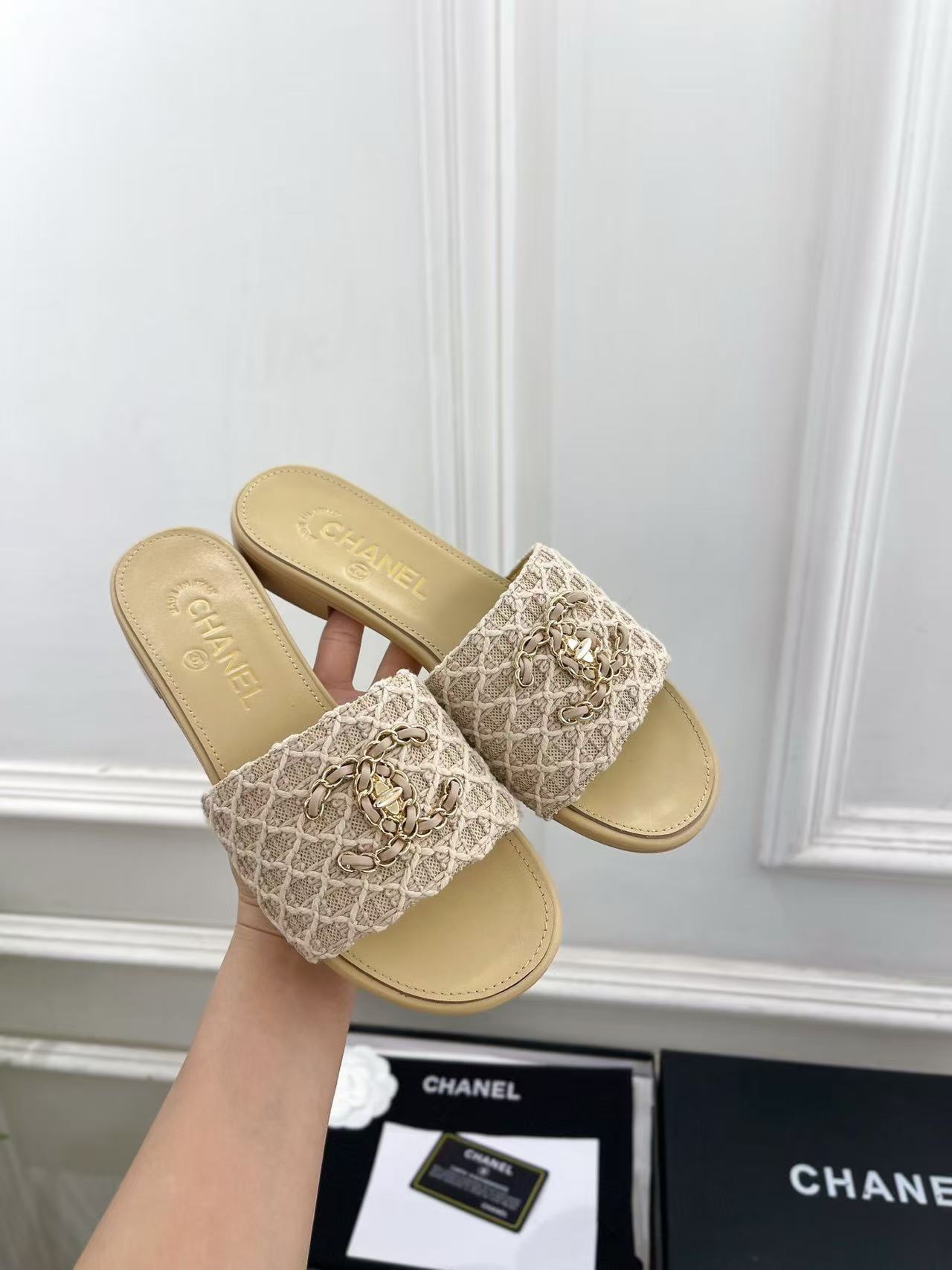 CHANE1 高品質ダブルCチェーンニットフラットシューズ【50％割引+送料無料】