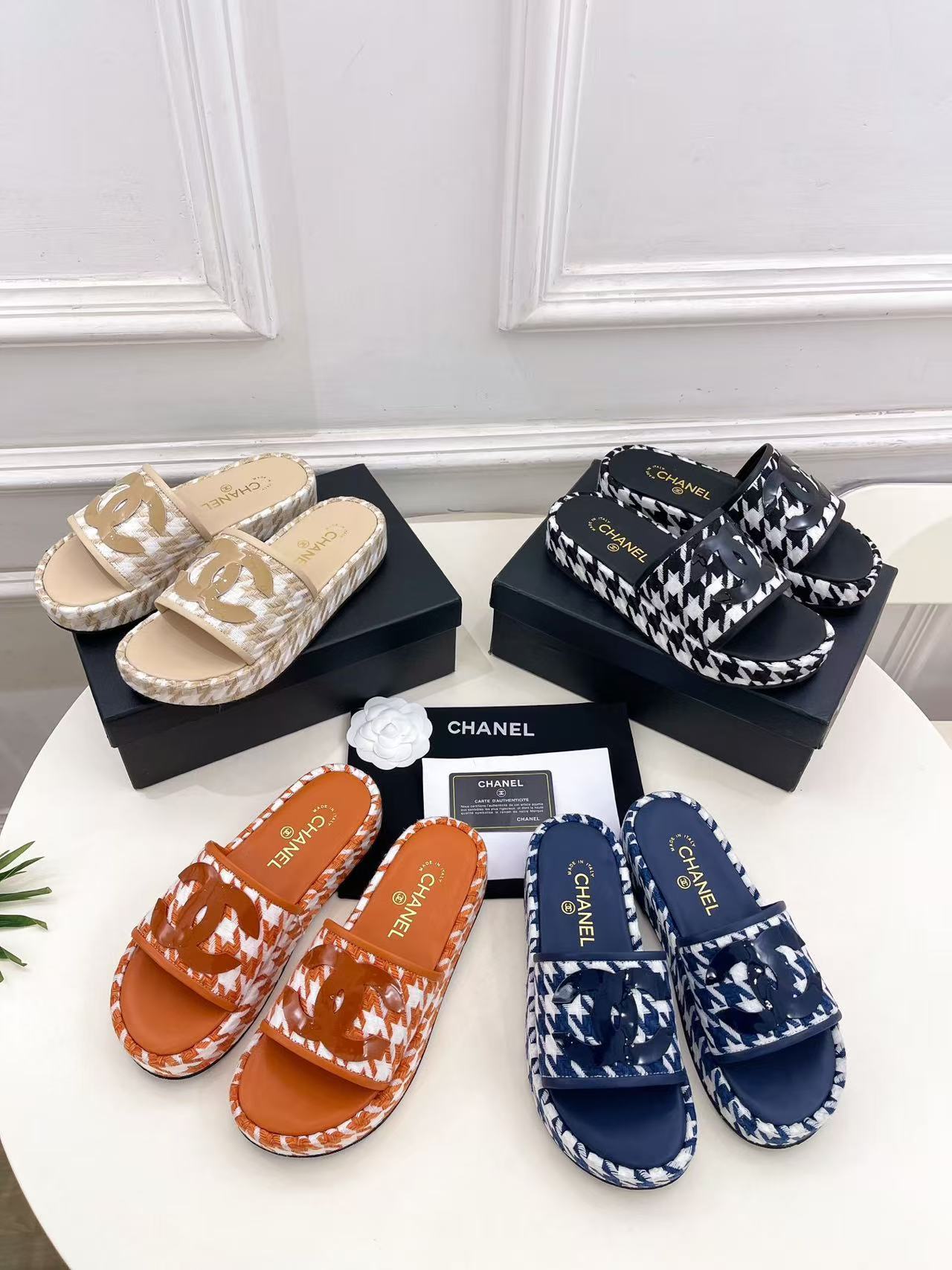 CHANE1 高品質ダブルC千鳥格子プラットフォームスリッパ【50％割引+送料無料】