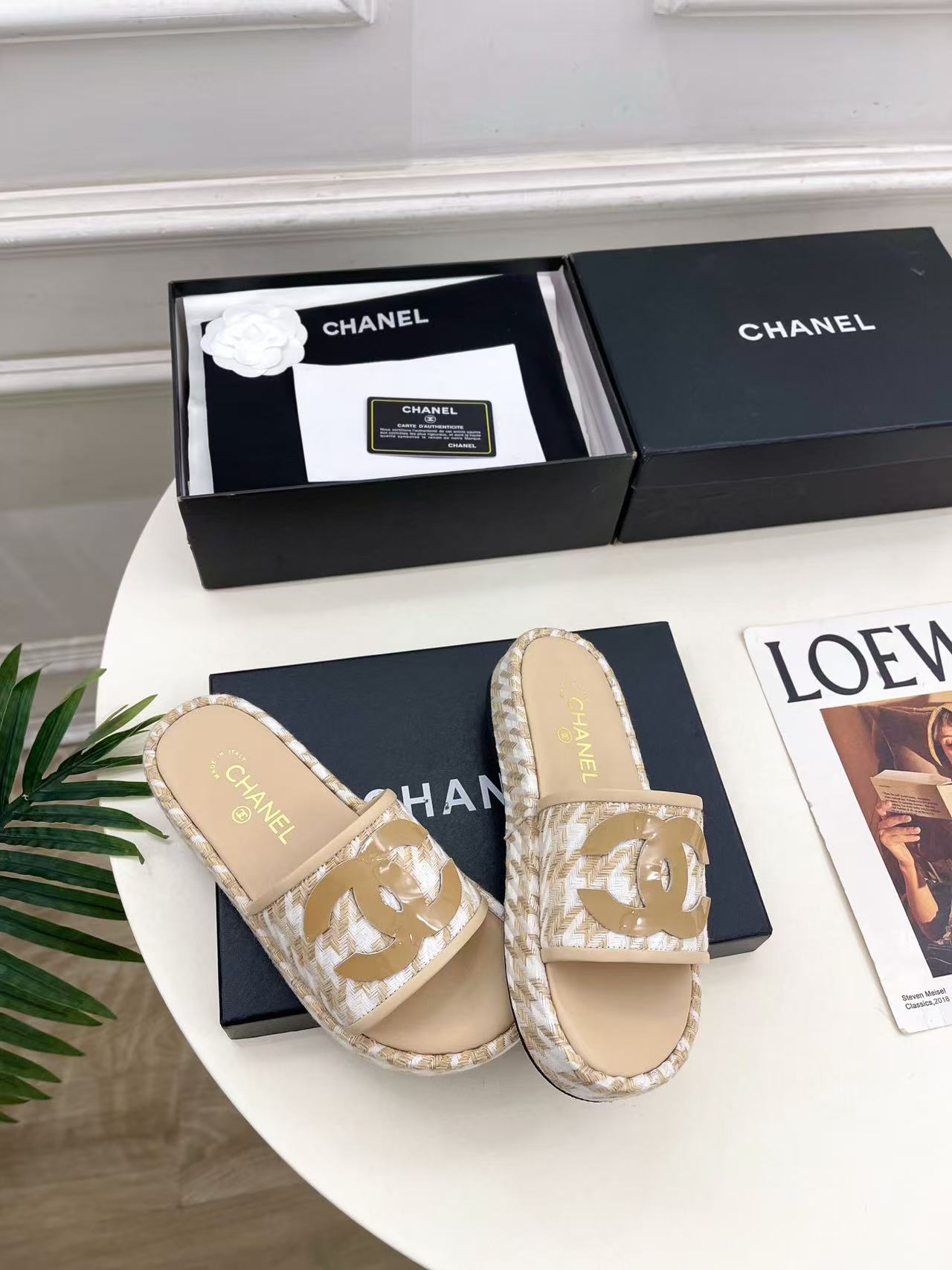 CHANE1 高品質ダブルC千鳥格子プラットフォームスリッパ【50％割引+送料無料】