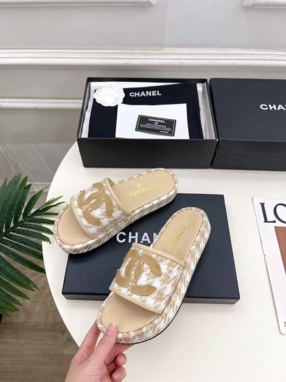 CHANE1 高品質ダブルC千鳥格子プラットフォームスリッパ【50％割引+送料無料】