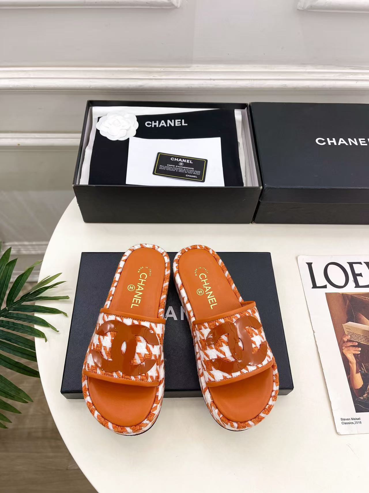 CHANE1 高品質ダブルC千鳥格子プラットフォームスリッパ【50％割引+送料無料】