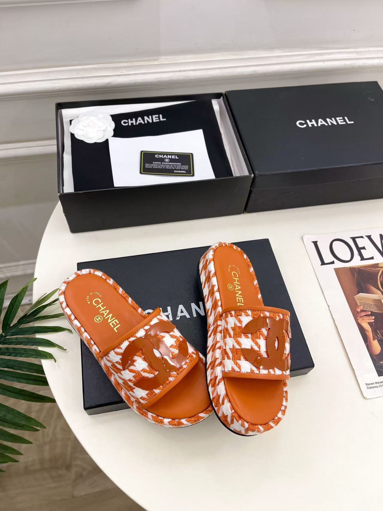 CHANE1 高品質ダブルC千鳥格子プラットフォームスリッパ【50％割引+送料無料】