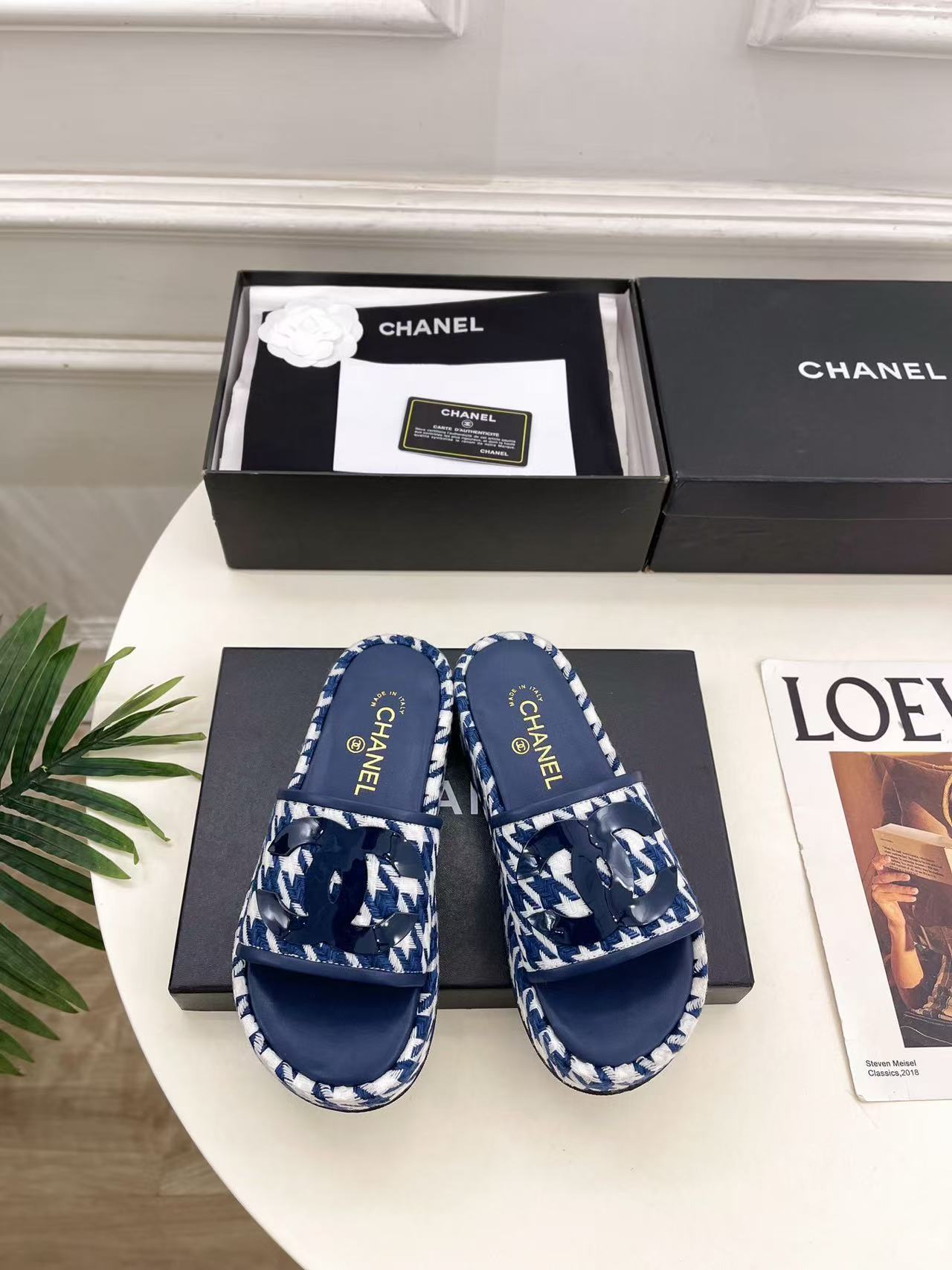 CHANE1 高品質ダブルC千鳥格子プラットフォームスリッパ【50％割引+送料無料】