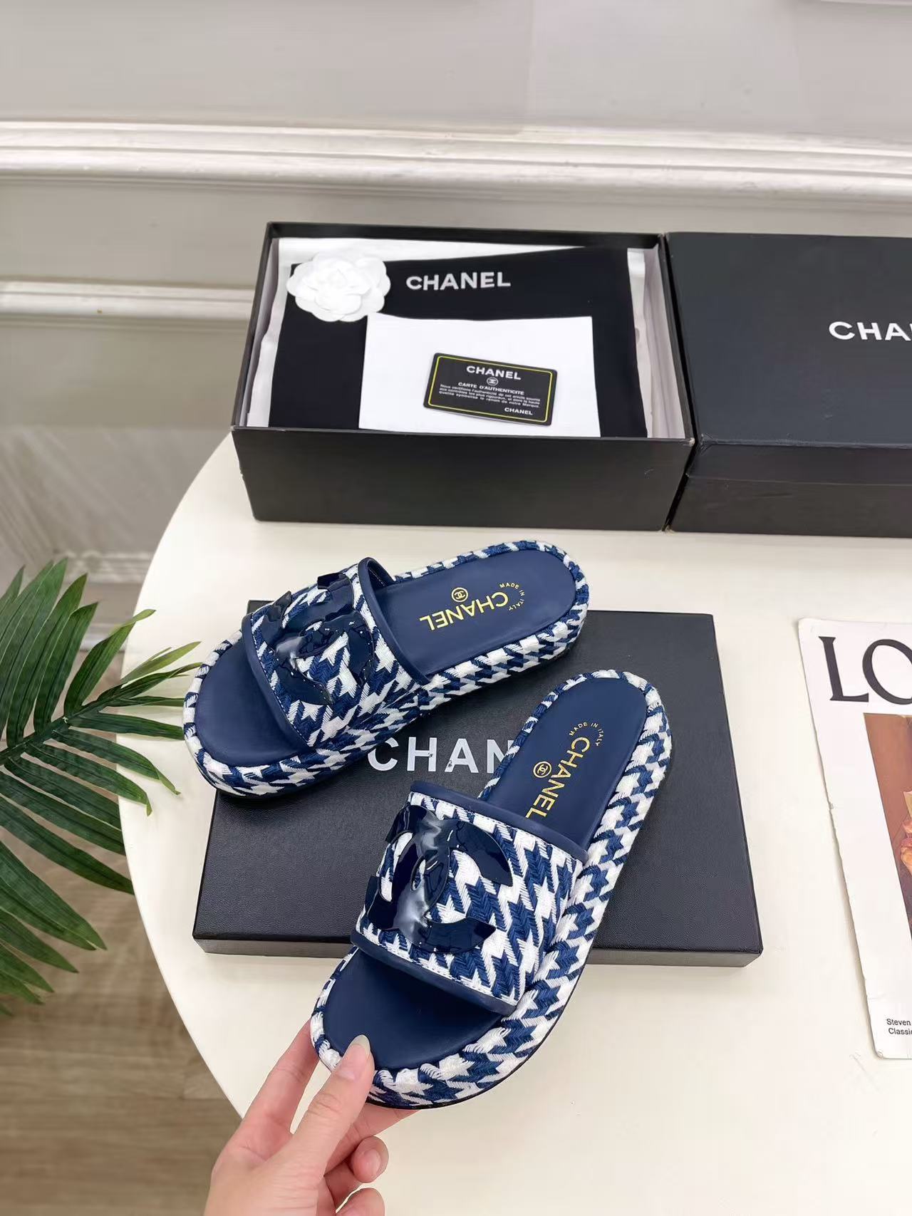 CHANE1 高品質ダブルC千鳥格子プラットフォームスリッパ【50％割引+送料無料】