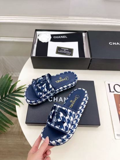 CHANE1 高品質ダブルC千鳥格子プラットフォームスリッパ【50％割引+送料無料】