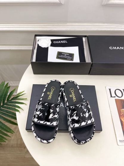 CHANE1 高品質ダブルC千鳥格子プラットフォームスリッパ【50％割引+送料無料】