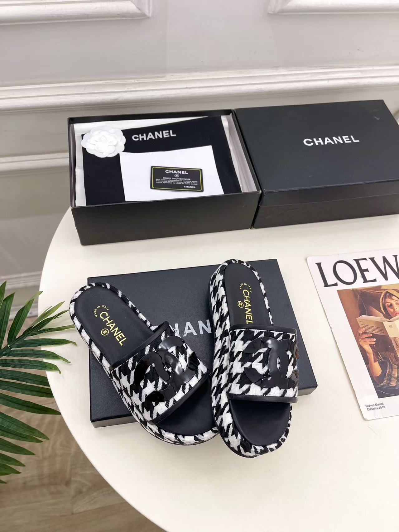 CHANE1 高品質ダブルC千鳥格子プラットフォームスリッパ【50％割引+送料無料】