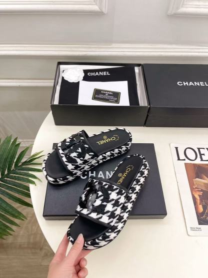 CHANE1 高品質ダブルC千鳥格子プラットフォームスリッパ【50％割引+送料無料】