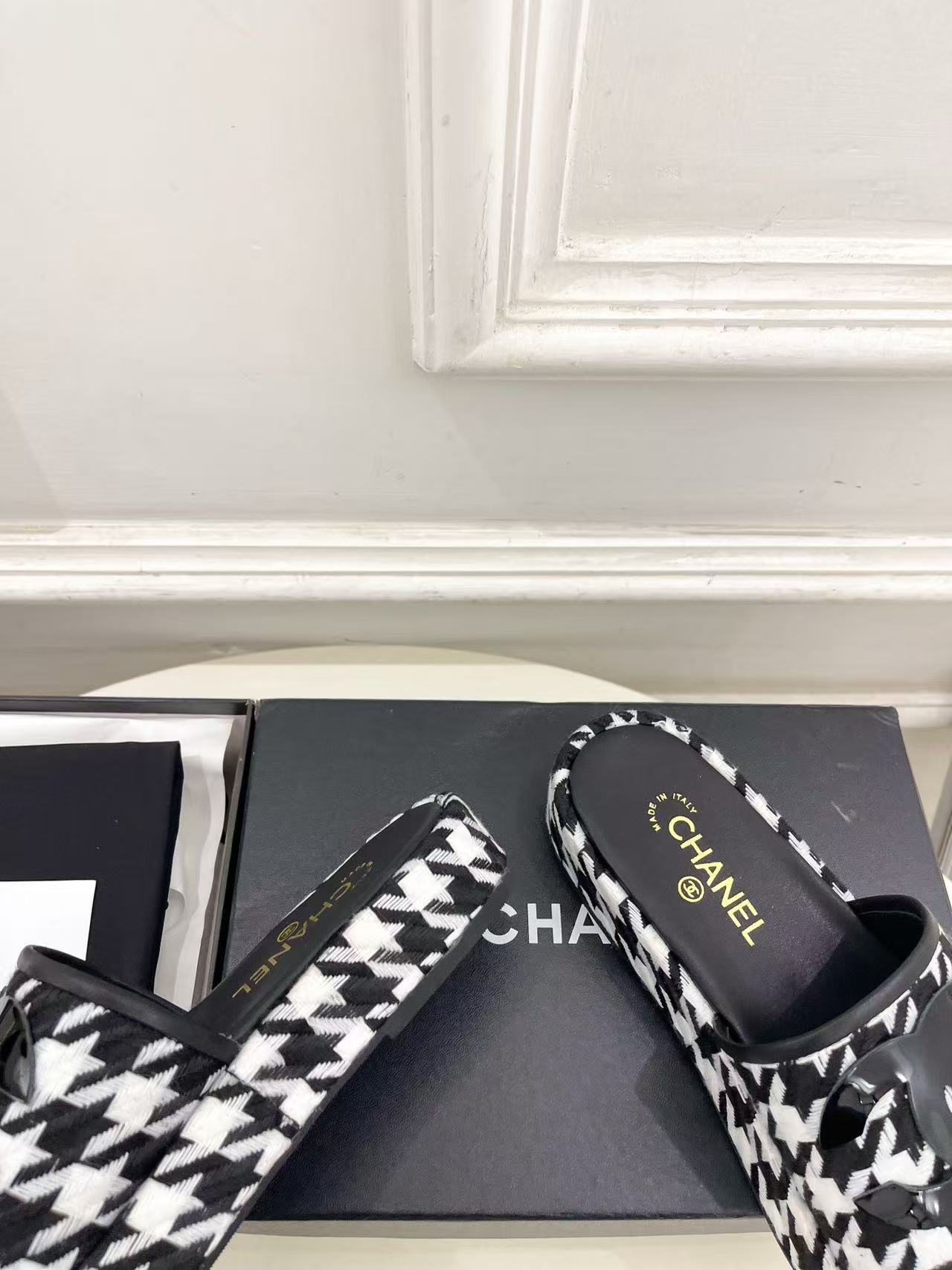 CHANE1 高品質ダブルC千鳥格子プラットフォームスリッパ【50％割引+送料無料】