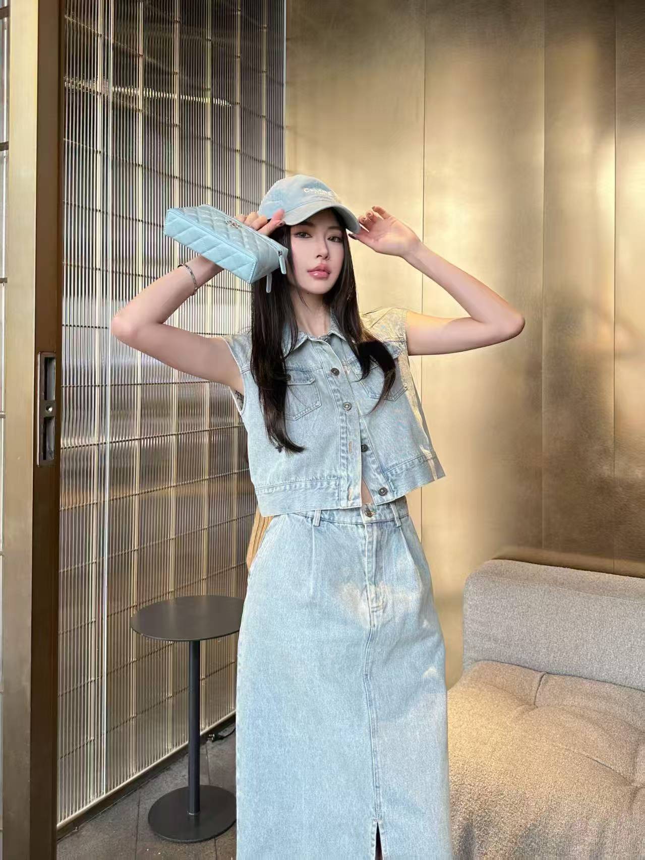 DIOR上質デニム ベスト＆スカート 2点セット【50％割引+送料無料】