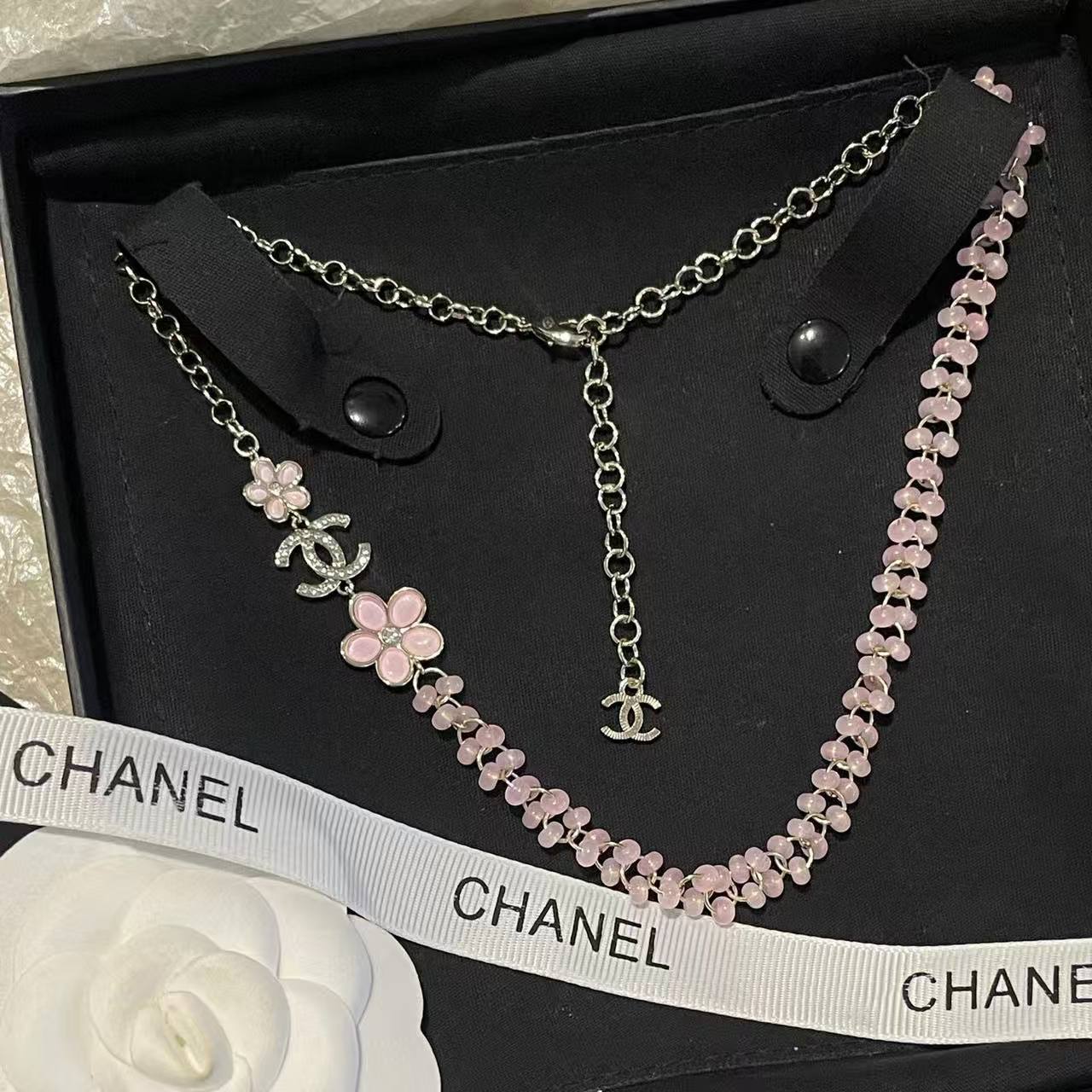 CHANE1 ピンクフラワー ダブルCネックレス【50％割引+送料無料】
