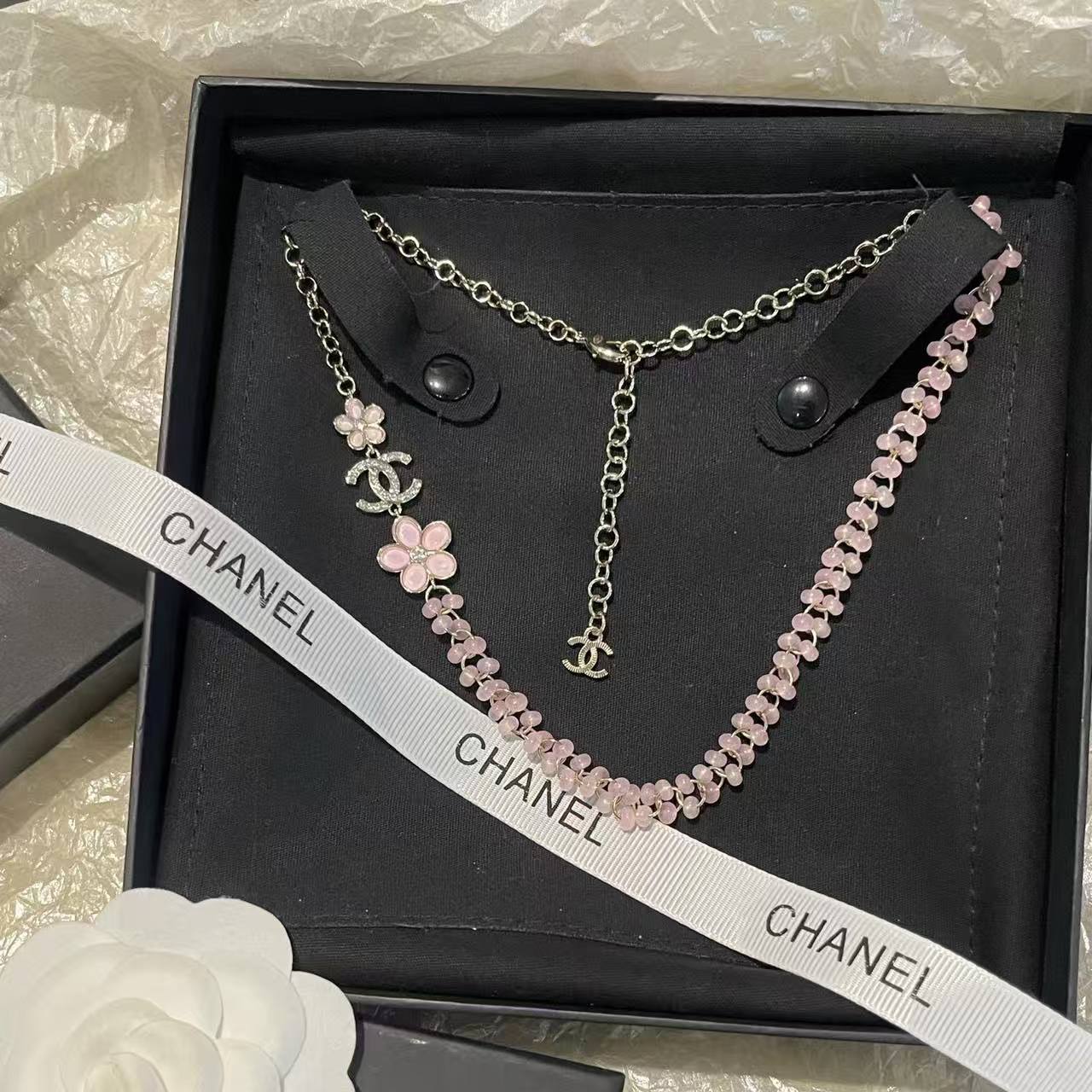 CHANE1 ピンクフラワー ダブルCネックレス【50％割引+送料無料】