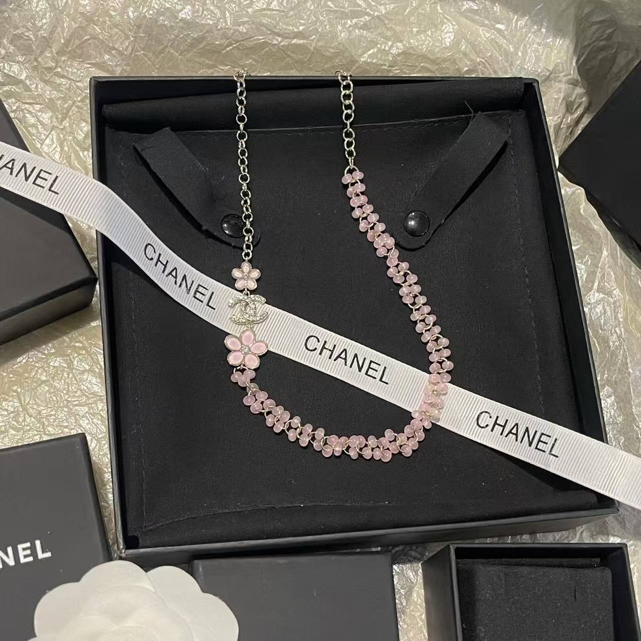 CHANE1 ピンクフラワー ダブルCネックレス【50％割引+送料無料】