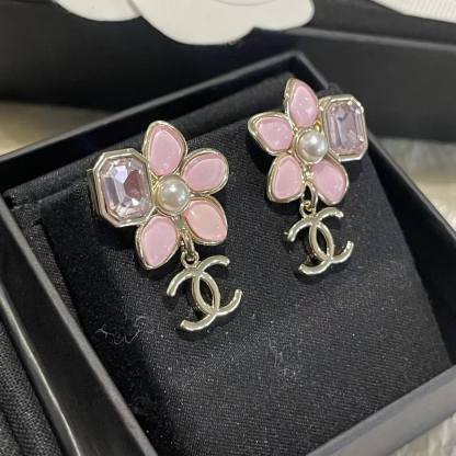 CHANE1 ピンクフラワー ダブルC ダイヤモンドスタッドピアス【50％割引+送料無料】
