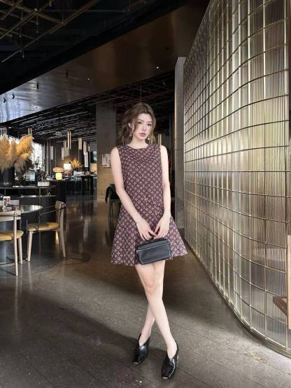 LVプリント ノースリーブ ラウンドネックドレス【50％割引+送料無料】