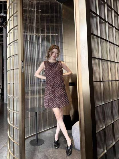 LVプリント ノースリーブ ラウンドネックドレス【50％割引+送料無料】