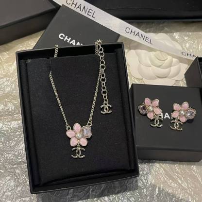 CHANE1 ピンクフラワーイヤリング＋ネックレス ツーピースセット【50％割引+送料無料】