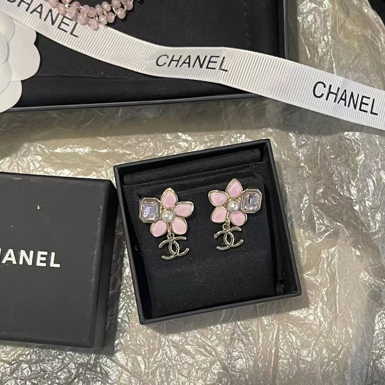 CHANE1 ピンクフラワーイヤリング＋ネックレス ツーピースセット【50％割引+送料無料】