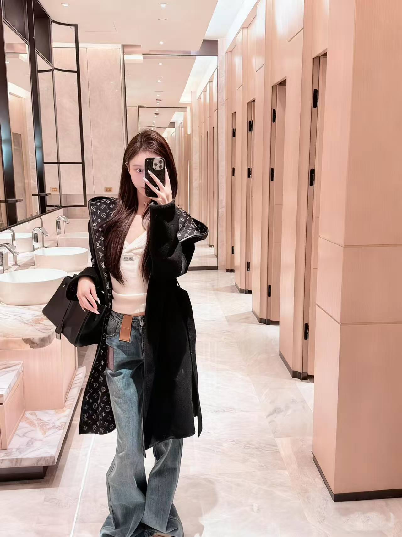 LV フード付きプリントウールロングコート【50％割引+送料無料】