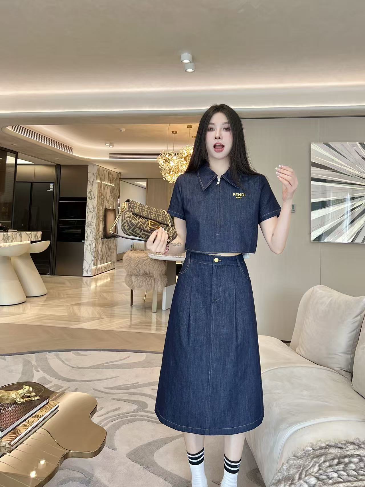 FEND1高品質デニムシャツ＆スカート 2点セット【50％割引+送料無料】